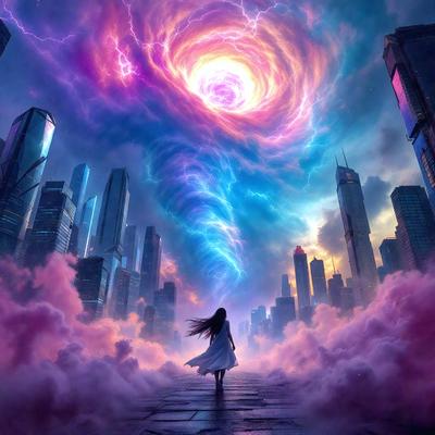 The primary subject of the image is a woman walking on a path in a futuristic city. The setting includes a cityscape with skyscrapers and a purple sky. The visual style is digital art, creating a surreal and dreamy atmosphere. The colors and mood are predominantly purple, which adds to the futuristic and otherworldly feel of the scene.